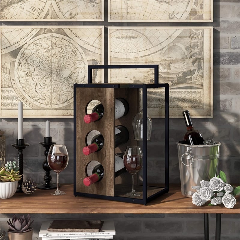 Pemberly Row Industrial Wood 3-Bottle Wine Rack in Reclaimed Oak