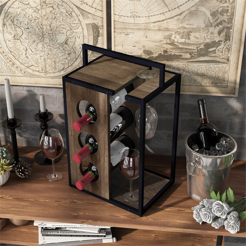 Pemberly Row Industrial Wood 3-Bottle Wine Rack in Reclaimed Oak