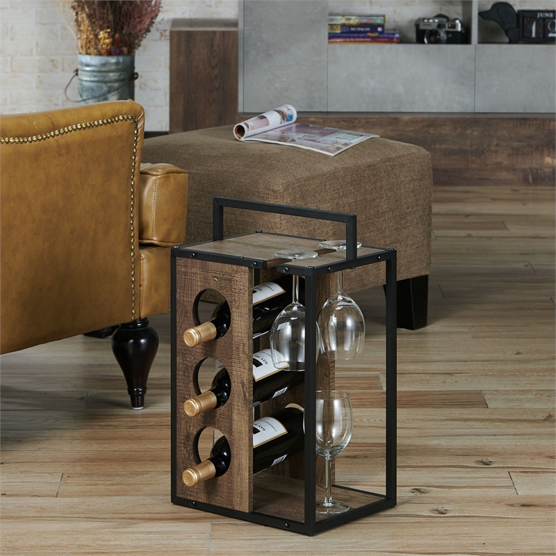 Pemberly Row Industrial Wood 3-Bottle Wine Rack in Reclaimed Oak