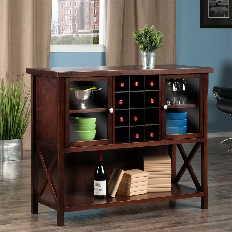 Pemberly Row 2 Door Transitional Solid Wood Wine Rack Buffet Table in Cappuccino