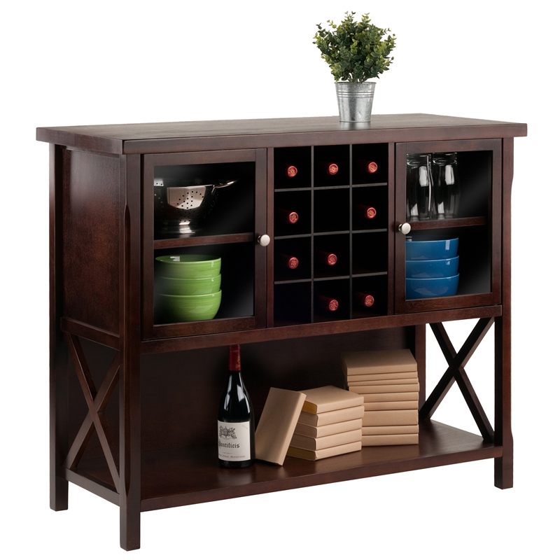 Pemberly Row 2 Door Transitional Solid Wood Wine Rack Buffet Table in Cappuccino