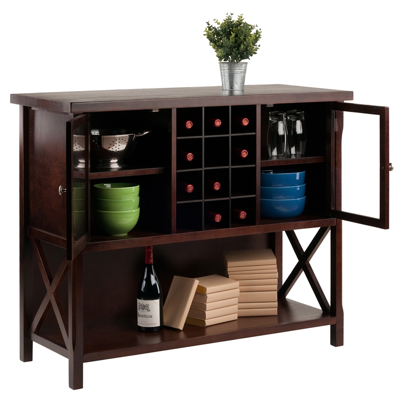 Pemberly Row 2 Door Transitional Solid Wood Wine Rack Buffet Table in Cappuccino
