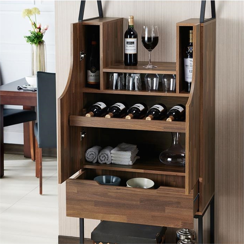 Pemberly Row Industrial Wood Wine Cabinet in Light Hickory Brown