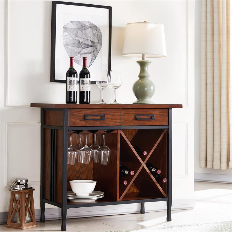 Pemberly Row Home Ironcraft Sturdy Wood Mini-bar/Wine Stand in Oak
