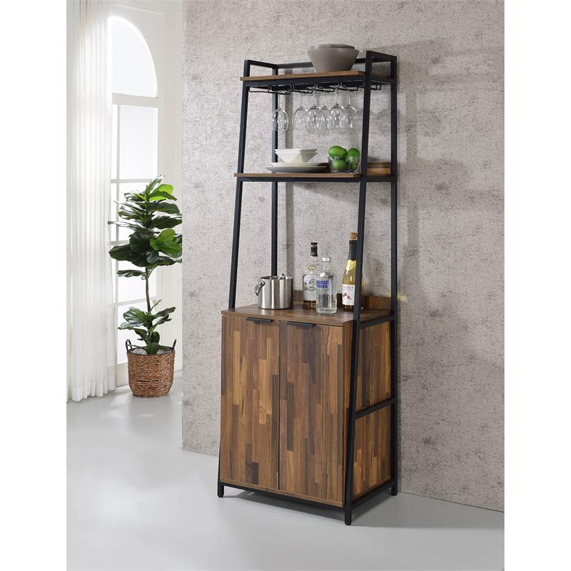 Pemberly Row Rustic Metal 4-Shelf Wine Cabinet in Oak and Black