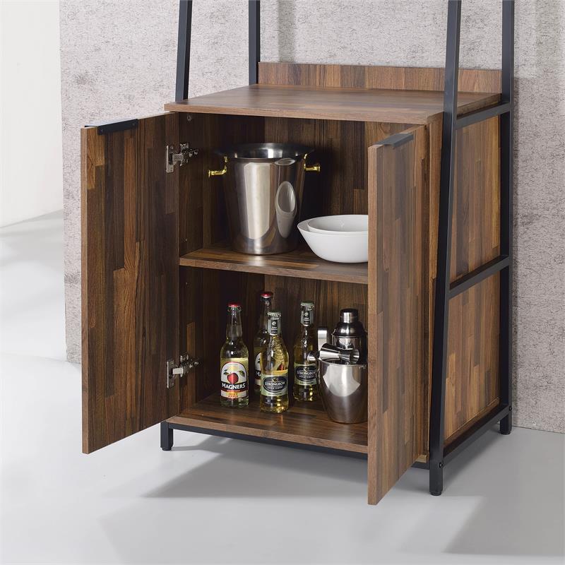 Pemberly Row Rustic Metal 4-Shelf Wine Cabinet in Oak and Black