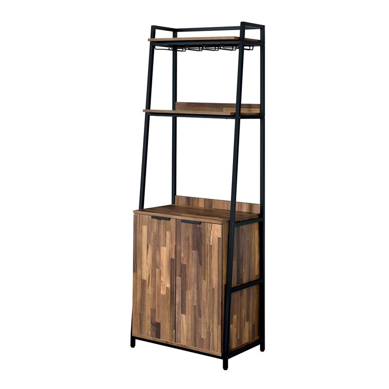 Pemberly Row Rustic Metal 4-Shelf Wine Cabinet in Oak and Black