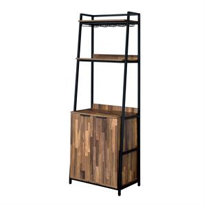 Pemberly Row Rustic Metal 4-Shelf Wine Cabinet in Oak and Black