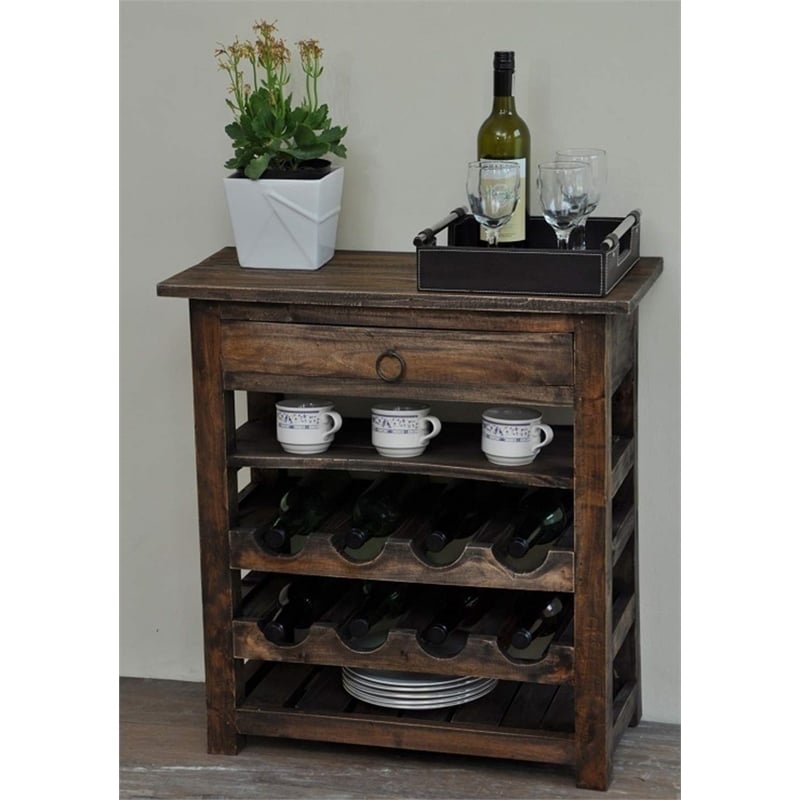 Pemberly Row Cottage Wood Wine Server with Drawer in Raftwood Brown