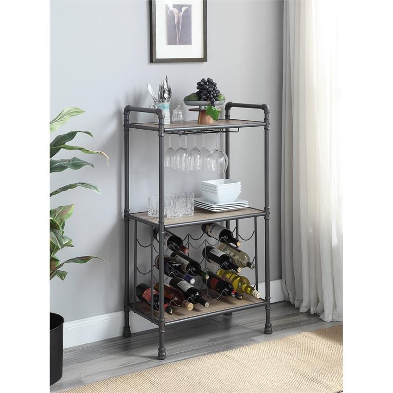 Pemberly Row Metal Wine Rack with Wooden Shelves in Antique Oak and Sandy Gray