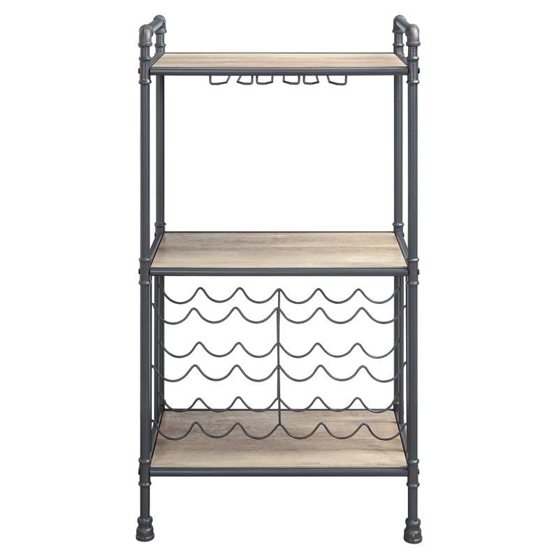 Pemberly Row Metal Wine Rack with Wooden Shelves in Antique Oak and Sandy Gray