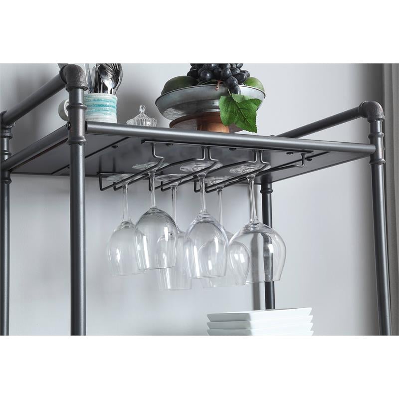 Pemberly Row Metal Wine Rack with Wooden Shelves in Antique Oak and Sandy Gray