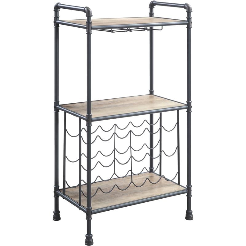 Pemberly Row Metal Wine Rack with Wooden Shelves in Antique Oak and Sandy Gray