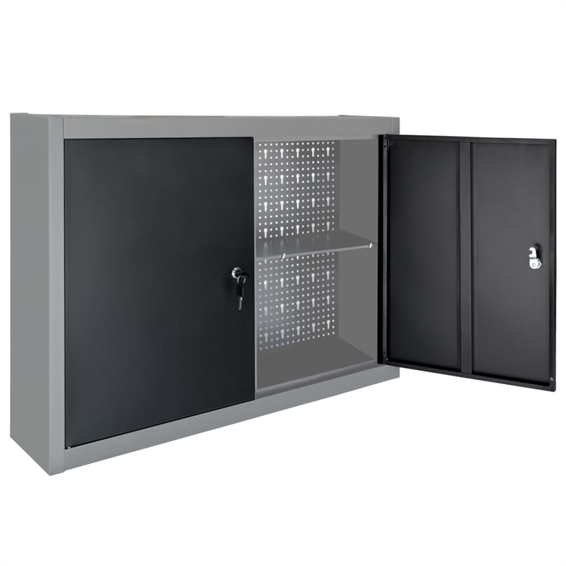 Pemberly Row Industrial Metal Wall Mounted Tool Cabinet in Gray and Black