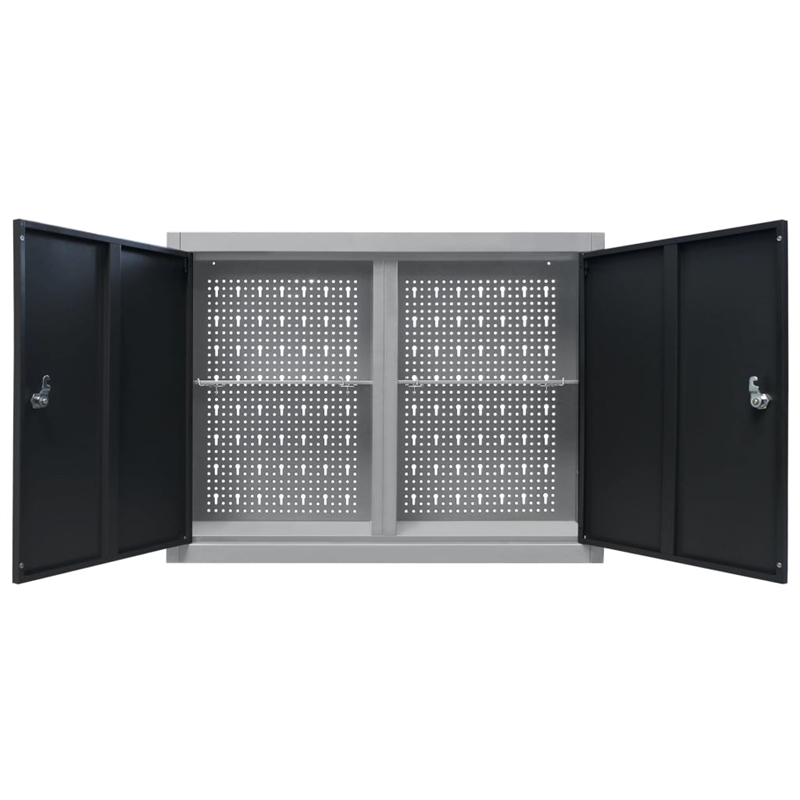 Pemberly Row Industrial Metal Wall Mounted Tool Cabinet in Gray and Black