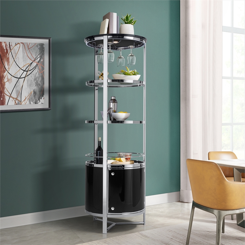 Pemberly Row Contemporary Metal Wine Rack with LED in Black Finish