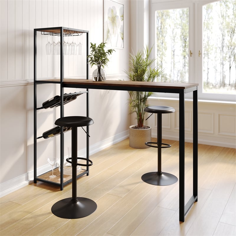 Pemberly Row Metal Bar Table with Bottle & Stemware Storage in Black/Light Brown