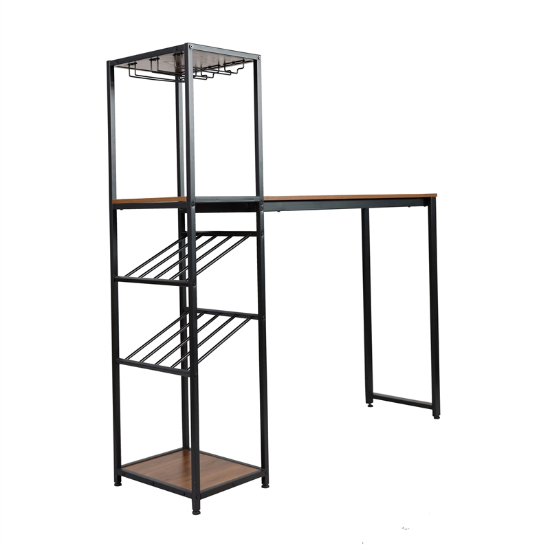 Pemberly Row Metal Bar Table with Bottle and Stemware Storage in Black/Walnut