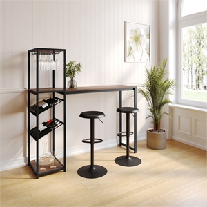 Pemberly Row Metal Bar Table with Bottle and Stemware Storage in Black/Walnut