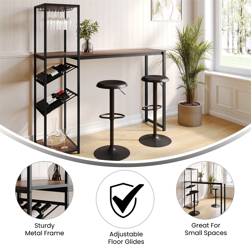 Pemberly Row Metal Bar Table with Bottle and Stemware Storage in Black/Walnut