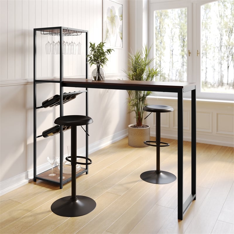 Pemberly Row Metal Bar Table with Bottle and Stemware Storage in Black/Walnut