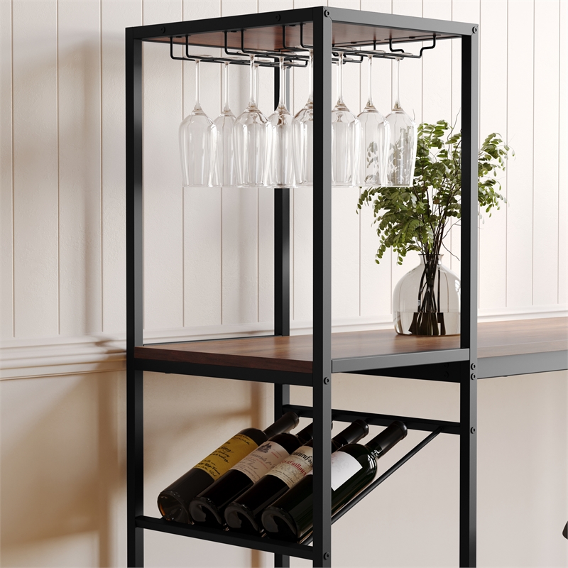 Pemberly Row Metal Bar Table with Bottle and Stemware Storage in Black/Walnut