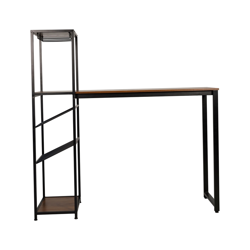 Pemberly Row Metal Bar Table with Bottle and Stemware Storage in Black/Walnut