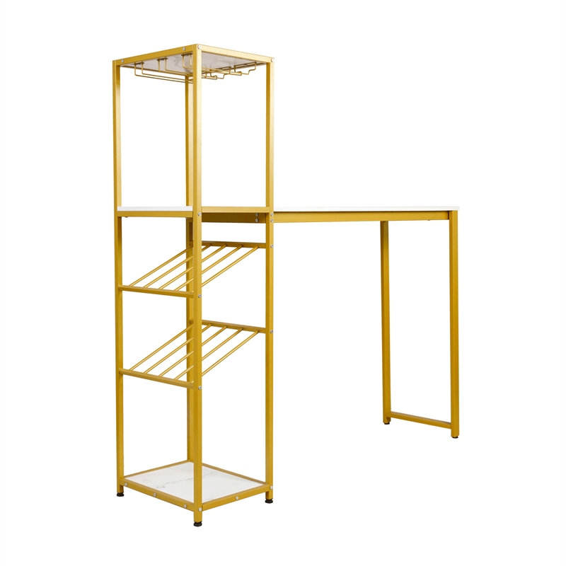 Pemberly Row Metal Bar Table with Bottle & Stemware Storage in Gold/Faux Marble