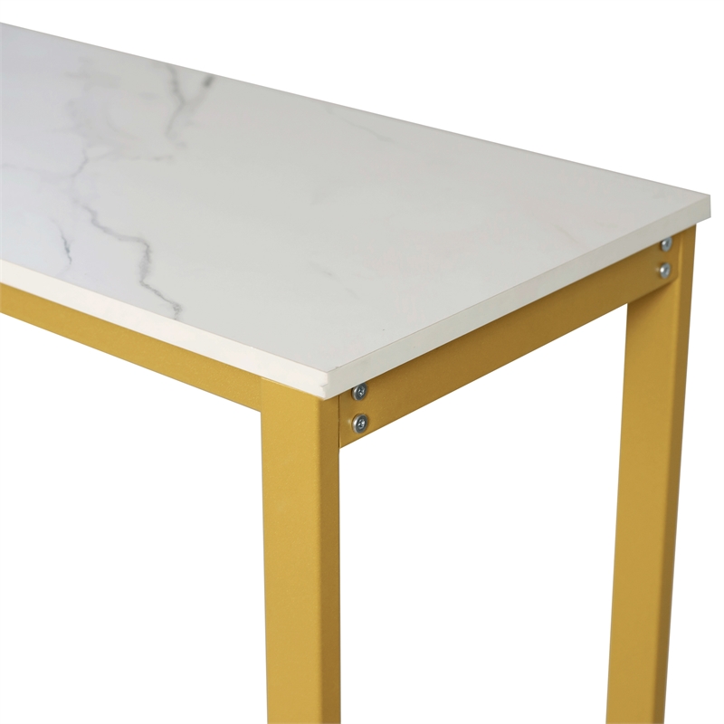 Pemberly Row Metal Bar Table with Bottle & Stemware Storage in Gold/Faux Marble