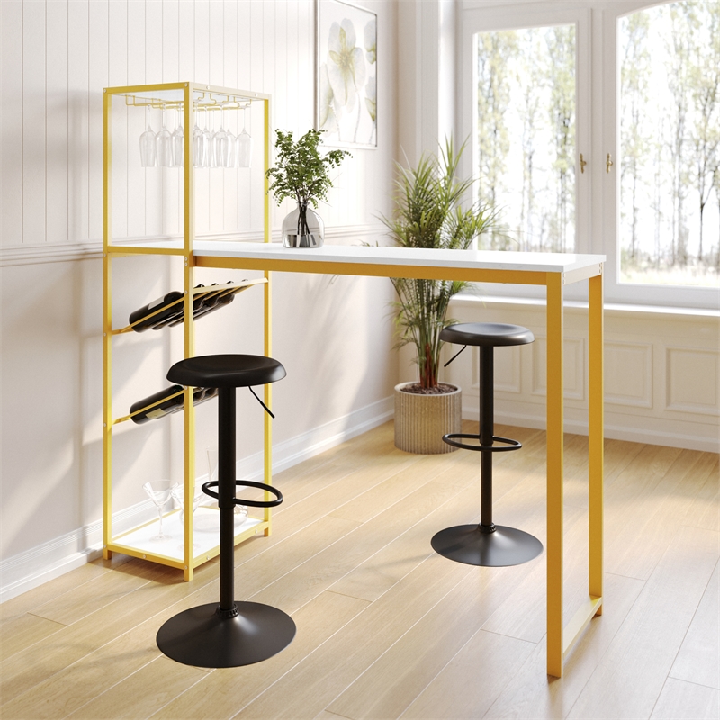 Pemberly Row Metal Bar Table with Bottle & Stemware Storage in Gold/Faux Marble