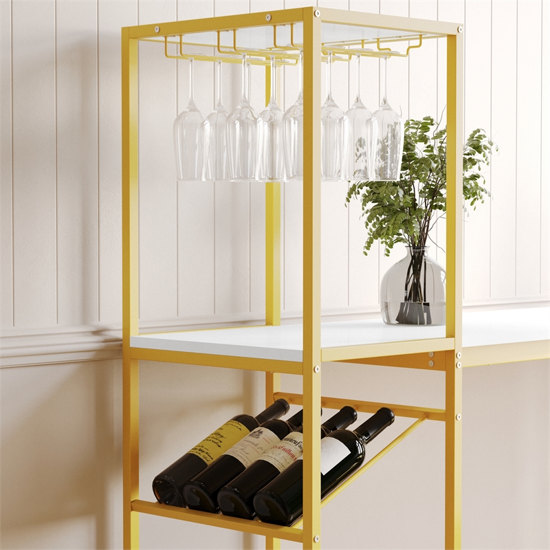 Pemberly Row Metal Bar Table with Bottle & Stemware Storage in Gold/Faux Marble