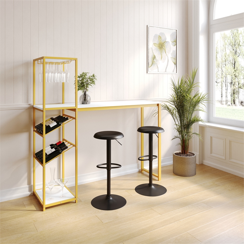 Pemberly Row Metal Bar Table with Bottle & Stemware Storage in Gold/Faux Marble