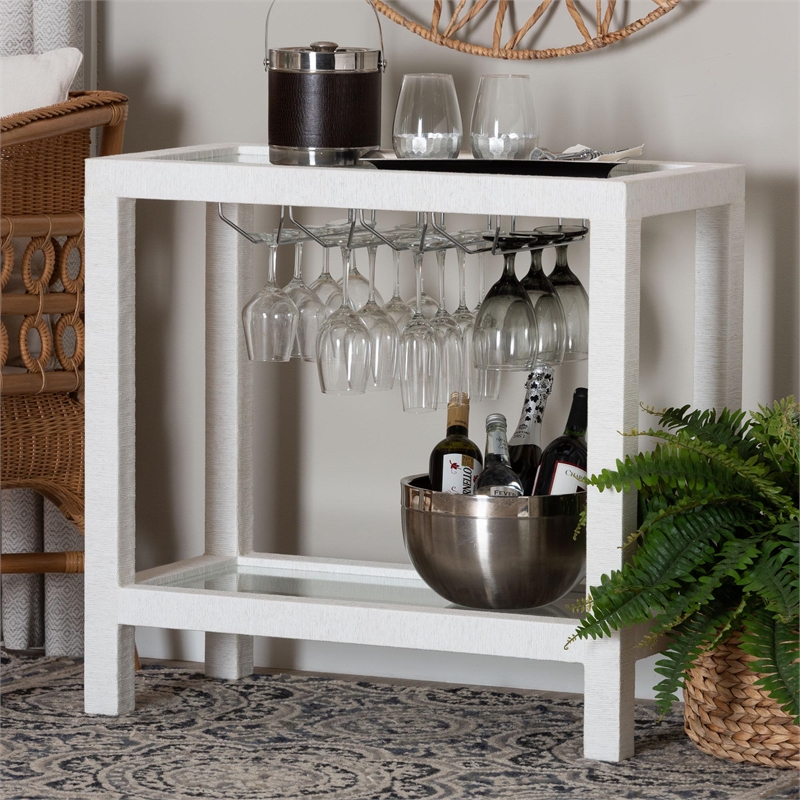 Pemberly Row Natural Grasscloth Wine Rack Two-Tier Bar Table in White