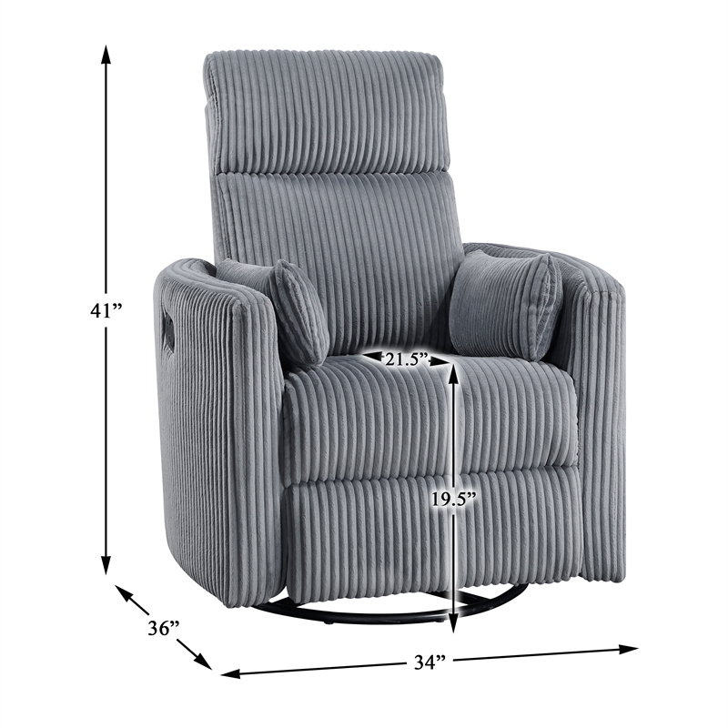 Pemberly Row Contemporary Corduroy Swivel Glider Reclining Chair in Gray