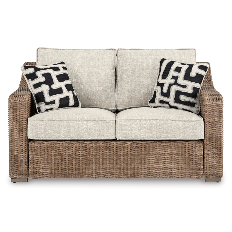 Pemberly Row Contemporary Wicker / Rattan Beige Outdoor Loveseat
