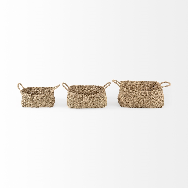 Pemberly Row Light Brown Seagrass Rectangular Basket W/ Handles in Set Of 3