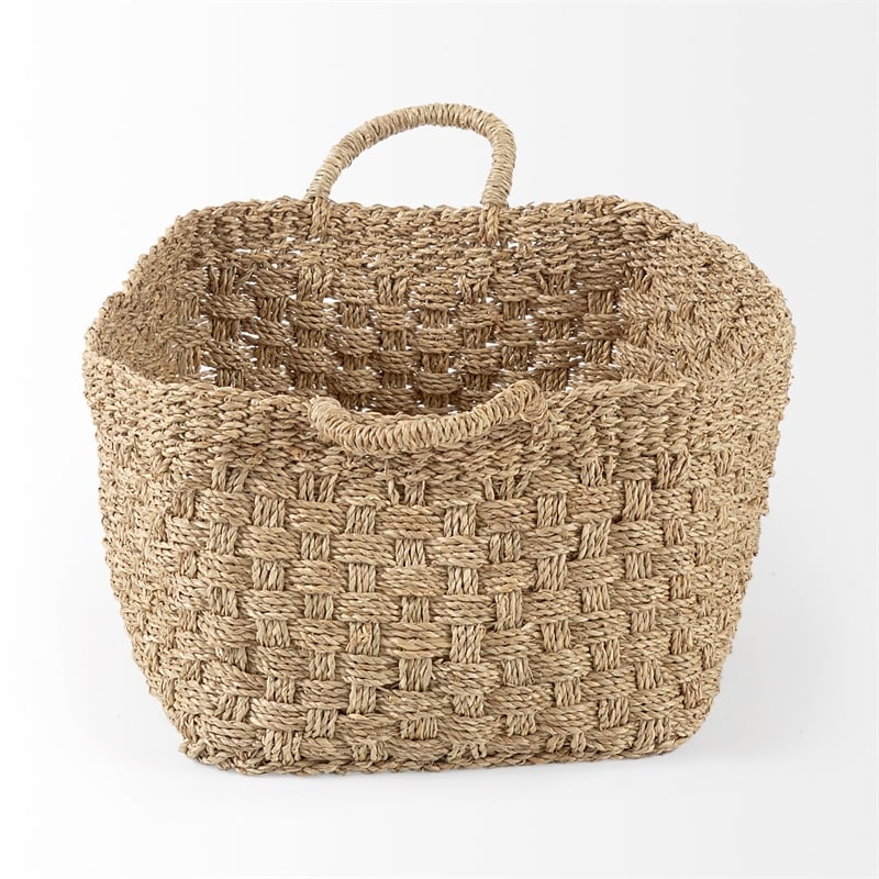 Pemberly Row Light Brown Seagrass Rectangular Basket W/ Handles in Set Of 3