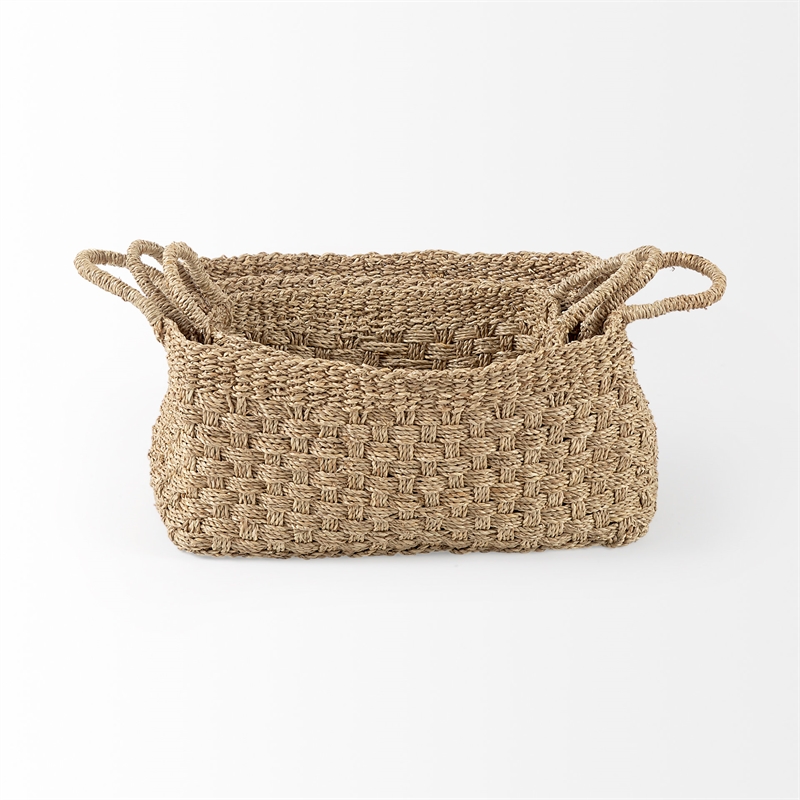 Pemberly Row Light Brown Seagrass Rectangular Basket W/ Handles in Set Of 3