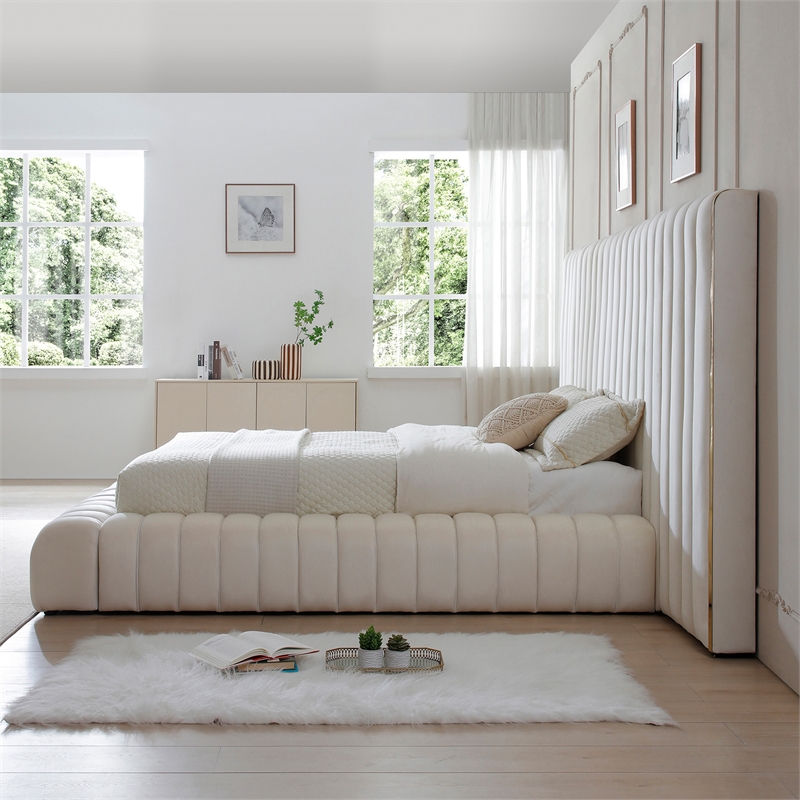 Pemberly Row Modern Velvet Upholstered Queen Platform Bed with Wings in Cream
