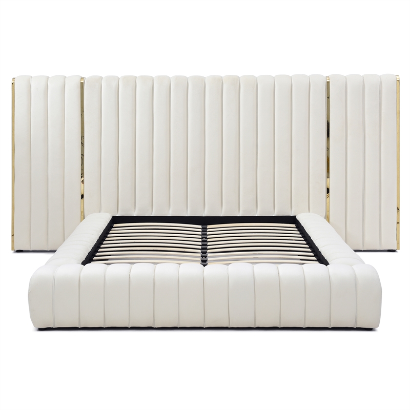 Pemberly Row Modern Velvet Upholstered Queen Platform Bed with Wings in Cream