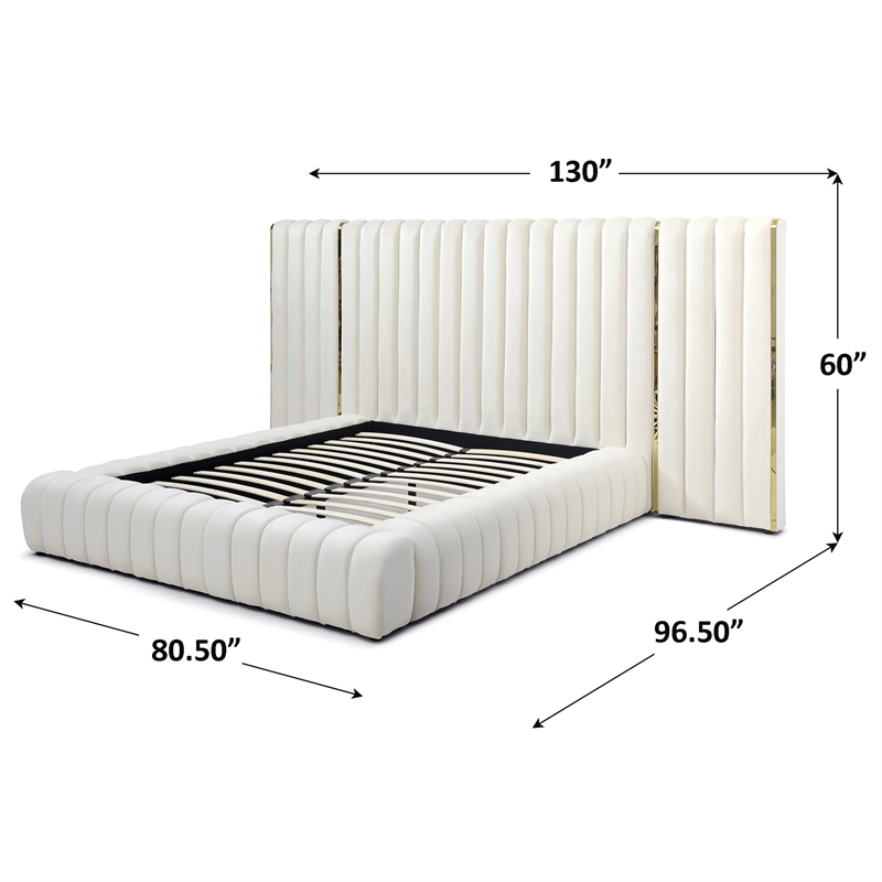 Pemberly Row Modern Velvet Upholstered Queen Platform Bed with Wings in Cream