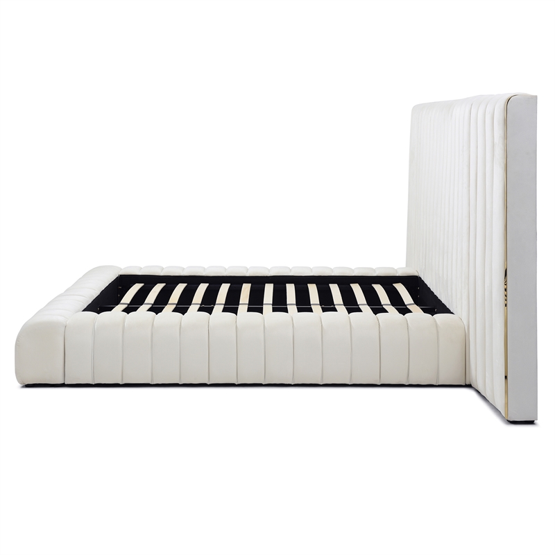 Pemberly Row Modern Velvet Upholstered Queen Platform Bed with Wings in Cream