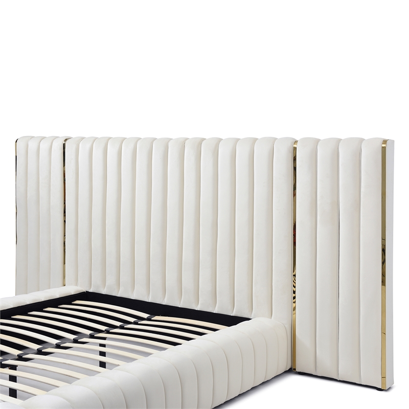 Pemberly Row Modern Velvet Upholstered Queen Platform Bed with Wings in Cream