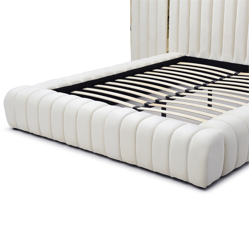 Pemberly Row Modern Velvet Upholstered Queen Platform Bed with Wings in Cream