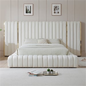 Pemberly Row Modern Velvet Upholstered Queen Platform Bed with Wings in Cream