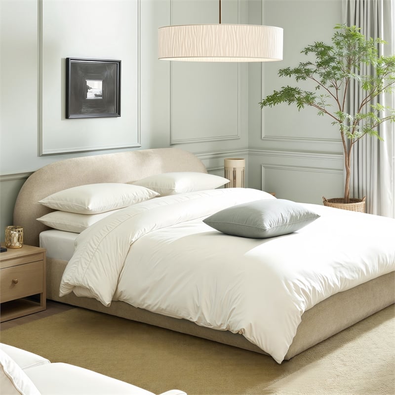 Pemberly Row Puffy Grounded Upholstered Platform Bed in Light Beige Chenille