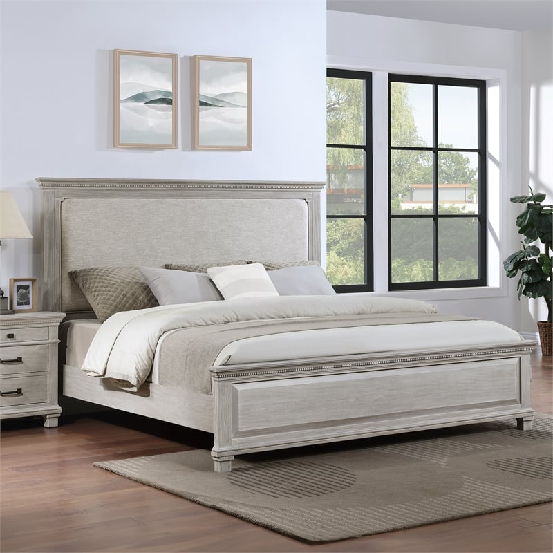 Pemberly Row Transitional Wood Upholstered Queen Panel Bed in Gray