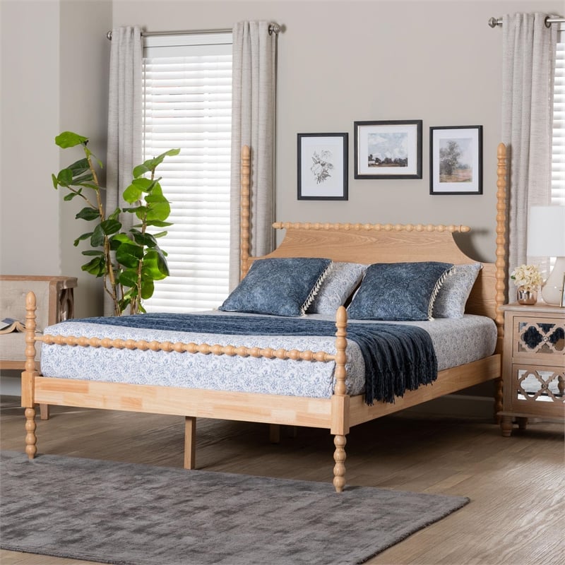 Pemberly Row Mid-Century Wood Four-Poster Platform Bed Natural Brown Queen