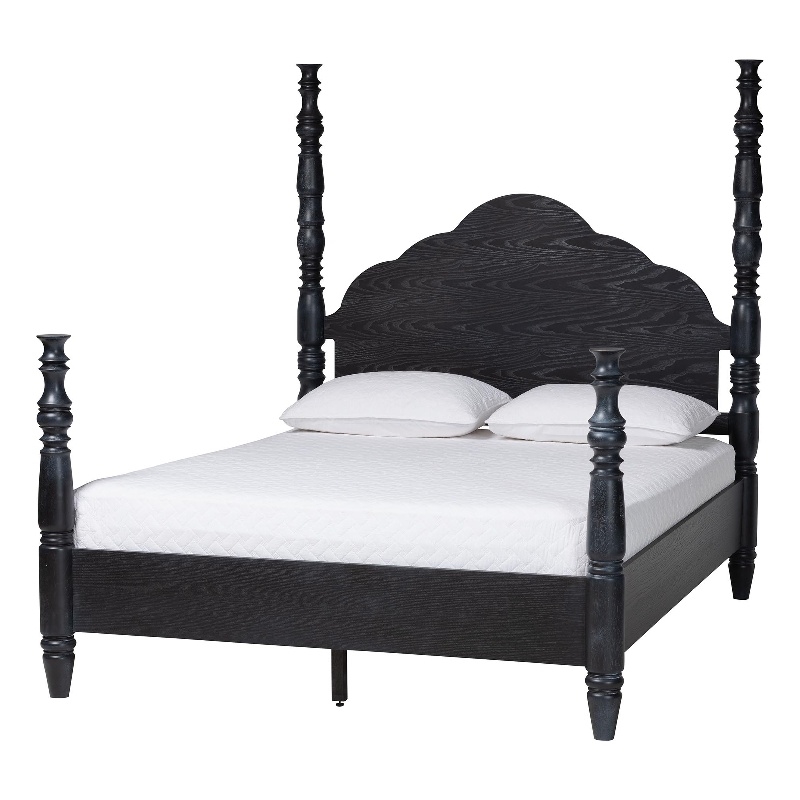 Pemberly Row Farmhouse Wood Four-Poster Platform Bed Black King