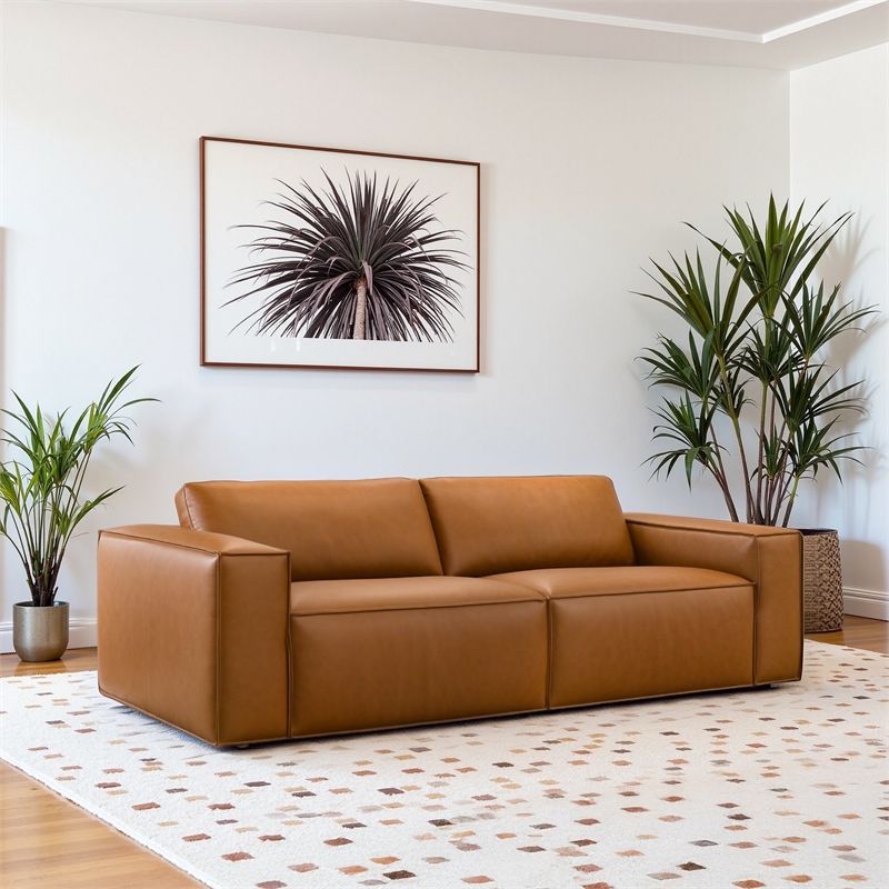Pemberly Row Mid-Century Wide Armrest Comfortable Leather Sofa in Cognac Tan